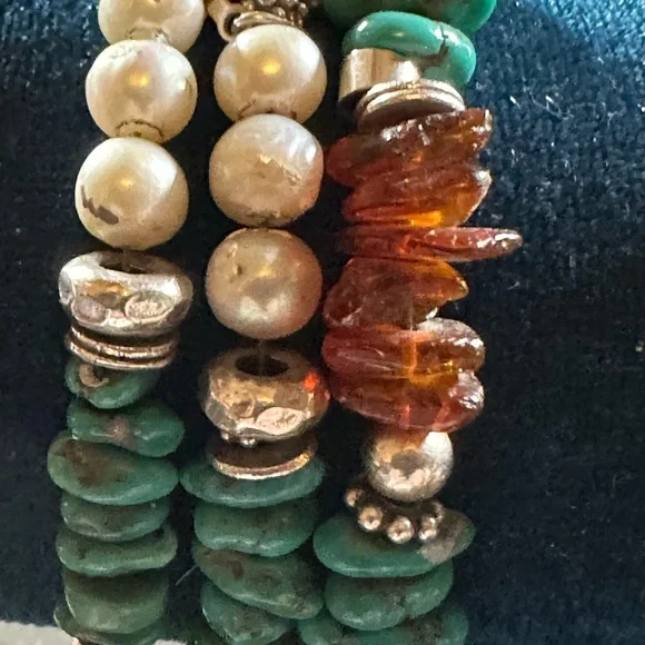 Turquoise and. freshwater pearl Baltic, Amber and Sterling silver bracelet